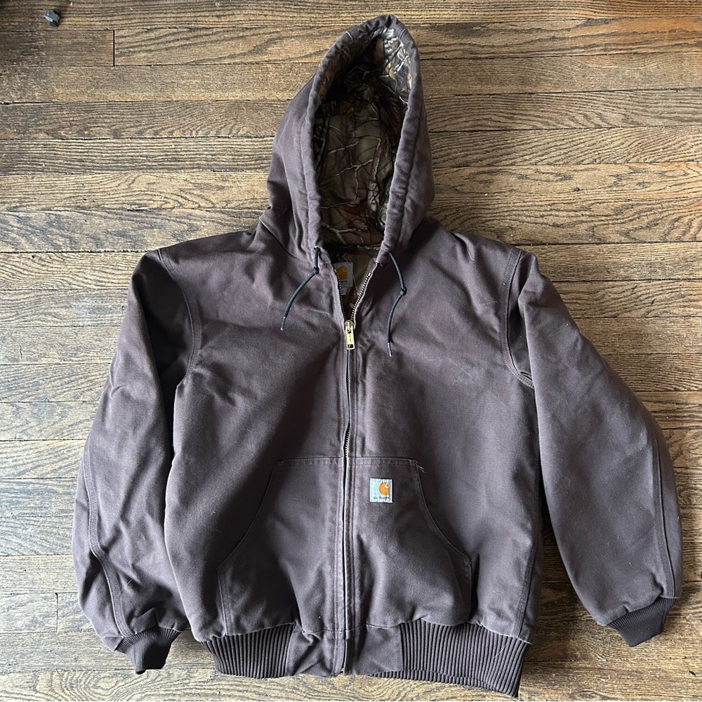 Carhartt Coat Mens M Brown Camo lined jacket full zip canvas Hooded 101074 201